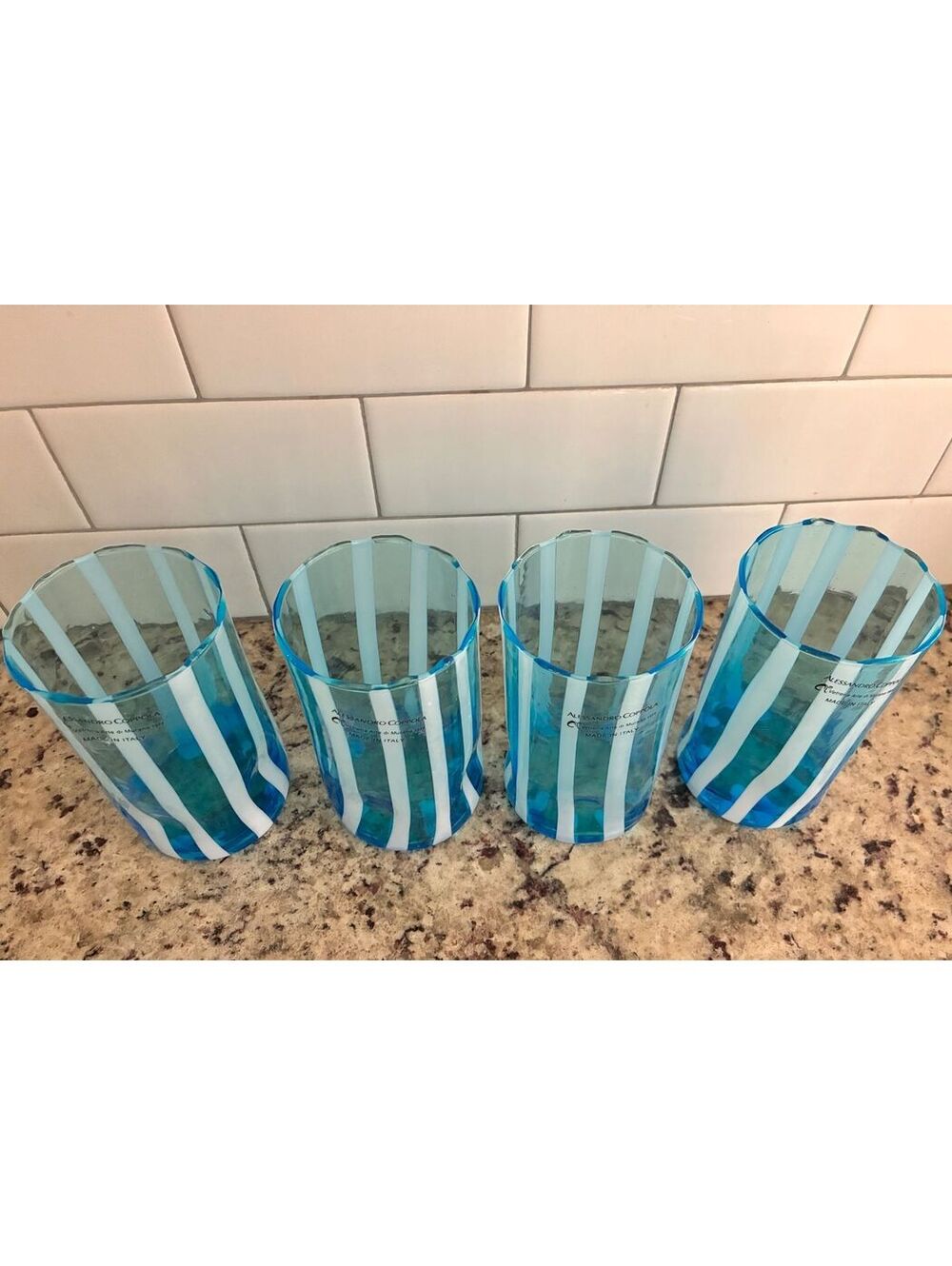 Set of 4 Alessandro Coppola Blue and White Striped Glass Tumblers